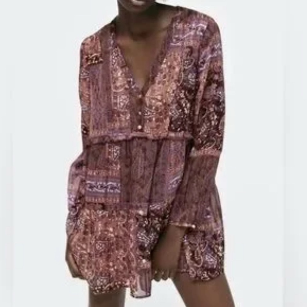 ZARA Patchwork Print Mini Dress Boho V-Neck Long Sheer Sleeve Ruffle Hem Sz XS‌